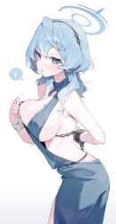 Rule 34 | 1girl, absurdres, adjusting dress, ako (blue archive), ako (dress) (blue archive), arm behind back, blue archive, blue dress, blue eyes, blue hair, blush, bracelet, breasts, dress, halo, highres, jewelry, large breasts, looking at viewer, meunhongcha, sideboob, sideless dress, simple background, solo, spoken sweatdrop, sweatdrop, white background