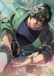 Rule 34 | 1boy, absurdres, black hair, blue eyes, blue shirt, city hunter, closed mouth, collarbone, commentary request, fingernails, green jacket, highres, jacket, light particles, looking at viewer, male focus, pants, saeba ryou, shirt, short hair, solo, white pants, yuu (masarunomori)