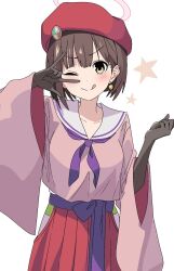 Rule 34 | 1girl, :q, beret, black gloves, blue archive, blush, brown eyes, brown hair, character request, earrings, elbow gloves, gloves, hakama, halo, hat, highres, japanese clothes, jewelry, looking at viewer, momomatang, neckerchief, one eye closed, purple neckerchief, red hakama, red hat, sailor collar, short hair, simple background, solo, star (symbol), tongue, tongue out, white background, wide sleeves