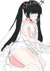 Rule 34 | 1girl, absurdres, ass, bandages, bare shoulders, black hair, blindfold, blush, breasts, cleavage, closers, harpas (closers), highres, long hair, looking at viewer, smile, solo, twintails