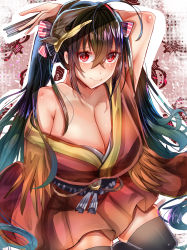 Rule 34 | 1girl, absurdres, ahoge, arm behind head, azur lane, bad id, bad pixiv id, bare shoulders, black hair, black thighhighs, blush, breasts, cleavage, closed mouth, collarbone, crossed bangs, hair between eyes, hair ribbon, hakama, hakama short skirt, hakama skirt, hand fan, highres, holding, holding fan, japanese clothes, kimono, large breasts, long hair, long sleeves, looking at viewer, mask, mask on head, off shoulder, pleated skirt, red eyes, red kimono, red skirt, ribbon, shiny skin, sitting, skirt, smile, solo, striped ribbon, taihou (azur lane), thighhighs, tub (abcehknqux), twintails, very long hair, wide sleeves