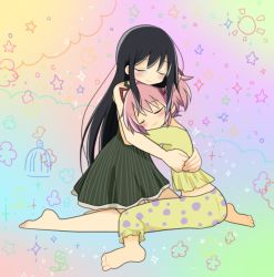 Rule 34 | 2girls, akemi homura, bare legs, barefoot, bird, black dress, black hair, cage, child&#039;s drawing, closed eyes, closed mouth, cloud background, crescent moon, dress, floral background, flower, frills, full body, furrowed brow, gradient background, hair between eyes, hair ribbon, hands on another&#039;s back, happy, happy tears, head rest, hug, kaname madoka, kneeling, light blush, light particles, long hair, mahou shoujo madoka magica, mahou shoujo madoka magica (anime), moon, multicolored background, multiple girls, mutual hug, no nose, pajamas, pink hair, pokki (sue eus), polka dot, polka dot pajamas, red ribbon, ribbon, short dress, sparkle, sparkle background, spread legs, star (symbol), starry background, striped clothes, striped dress, sun symbol, tearing up, tears, twintails, vertical-striped clothes, vertical-striped dress