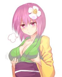 Rule 34 | 1girl, :&lt;, bad id, bad nicoseiga id, blush, breast hold, breasts, breath, cleavage, collarbone, flower, hair between eyes, hair flower, hair ornament, hieda no akyuu, japanese clothes, kimono, large breasts, long sleeves, aged up, pink eyes, pink hair, sash, short hair, simple background, solo, touhou, upper body, white background, wide sleeves, yonaga (masa07240)