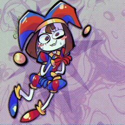 Rule 34 | 1girl, absurdres, catinyt, circus, full body, glitch productions, hat, highres, jester, jester cap, jester girl, looking at viewer, nervous smile, pomni (the amazing digital circus), sharp teeth, smile, teeth, the amazing digital circus