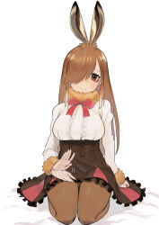 Rule 34 | 10s, 1girl, afterimage, animal ears, bad id, bad pixiv id, beijuu, bow, bowtie, brown eyes, brown hair, brown pantyhose, brown skirt, european hare (kemono friends), extra ears, frilled shirt, frilled skirt, frills, fur-trimmed sleeves, fur collar, fur trim, hair over one eye, hand on own thigh, highres, kemono friends, lap pillow invitation, long hair, long sleeves, looking at viewer, pantyhose, rabbit ears, red bow, red bowtie, seiza, shirt, simple background, sitting, skirt, smile, solo, white background, white shirt