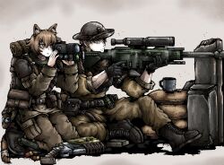 1boy 1girl aiming animal_ear_fluff animal_ears astra_militarum backpack bag black_gloves boots cat_ears cat_girl cross-laced_footwear explosive gloves green_eyes grenade gun helmet highres imperium_of_man lasgun military_combat_uniform octosoup rifle sandbag scar scar_on_neck scope sitting sniper_rifle sniper_team soldier warhammer_40k weapon