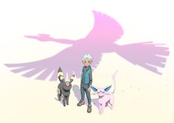 Rule 34 | 1boy, alternate costume, arm at side, blue jacket, closed mouth, commentary request, creatures (company), dark-skinned male, dark skin, espeon, game freak, gen 2 pokemon, glint, grey hair, grey shirt, highres, ho-oh, jacket, komepan, legendary pokemon, looking at viewer, looking up, male focus, nintendo, orange eyes, orange footwear, pants, pokemon, pokemon (creature), pokemon colosseum, shirt, shoes, short hair, sleeveless, sleeveless jacket, smile, sneakers, spiked hair, standing, umbreon, visor, wes (pokemon)