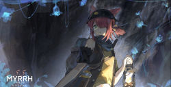 Rule 34 | 1girl, animal ears, arknights, arm cuffs, asymmetrical hair, backpack, bag, black coat, black headwear, breasts, cave, character name, chinese commentary, coat, cowboy shot, dadijiji, fox ears, glasses, green eyes, hair over one eye, happy birthday, helmet, highres, lantern, looking at viewer, myrrh (arknights), myrrh (bitter herbs) (arknights), official alternate costume, open clothes, open coat, parted bangs, red hair, rimless eyewear, shirt, short hair, side ponytail, sleeveless, small breasts, solo, yellow shirt