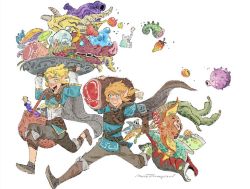 Rule 34 | 1boy, 1girl, ami thompson, apple, blonde hair, blue eyes, carrying, fish, food, fruit, grapes, hair ornament, hairclip, link, meat, nintendo, plate, pointy ears, princess zelda, running, severed head, short hair, simple background, smile, the legend of zelda, the legend of zelda: breath of the wild, the legend of zelda: tears of the kingdom, white background