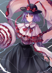 Rule 34 | 1girl, absurdres, black hat, black skirt, blue hair, blush, capelet, closed mouth, drill, electricity, frilled capelet, frilled shawl, frills, hagoromo, hat, hat ribbon, highres, koizumo, long sleeves, nagae iku, red eyes, red ribbon, ribbon, shawl, shirt, short hair, skirt, smile, solo, touhou, white capelet, white shirt