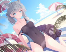 Rule 34 | 1girl, absurdres, animal ears, beach, blue archive, blue eyes, blush, breasts, daidai (daidai826), gluteal fold, grey hair, halo, highleg, highres, looking at viewer, medium breasts, navel, official alternate costume, one-piece swimsuit, parasol, shiroko (blue archive), shiroko (swimsuit) (blue archive), short hair, side ponytail, sitting, solo, strap slip, swimsuit, thighs, umbrella, wariza