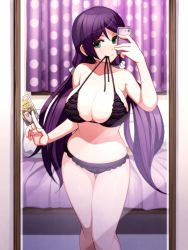 Rule 34 | 10s, 1girl, bikini, bikini in mouth, black bikini, black bra, black panties, blush, bra, breasts, card, cellphone, cleavage, clothes in mouth, curtains, frilled bikini, frills, green eyes, large breasts, long hair, looking at viewer, love live!, love live! school idol festival, love live! school idol project, low twintails, mirror, mouth hold, navel, panties, phone, polka dot, purple hair, reflection, scrunchie, selfie, smile, solo, swimsuit, tarot, torigoe takumi, tojo nozomi, twintails, underwear, very long hair