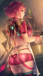Rule 34 | 1girl, anbe yoshirou, apron, armor, ass, breasts, cooking, earrings, fingerless gloves, from behind, gloves, headpiece, highres, humming, indoors, jewelry, kitchen, large breasts, looking at viewer, nintendo, pot, pyra (xenoblade), red eyes, red hair, red shorts, short hair, short shorts, shorts, shoulder armor, smile, swept bangs, thighhighs, thighs, tiara, wooden wall, xenoblade chronicles (series), xenoblade chronicles 2