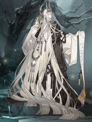 Rule 34 | 1boy, absurdly long hair, chinese clothes, closed eyes, crossed bangs, facing to the side, food fantasy, ginseng (food fantasy), hair ornament, highres, horns, long hair, official art, pale skin, pointy ears, second-party source, silver hair, sleeves rolled up, starshadowmagician, traditional clothes, tree, very long hair, water
