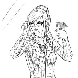 Rule 34 | 1girl, adjusting eyewear, bespectacled, camera, cellphone, cellphone charm, cellphone strap, charm (object), drawfag, flannel, glasses, greyscale, hipster, metroid, metroid (creature), mirror, mole, mole under mouth, monochrome, nintendo, phone, ponytail, reflection, samus aran, scarf, selfie, sketch, solo, upper body