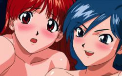 Rule 34 | 2girls, animated, animated gif, asuka (viper), bare shoulders, blue hair, blush, brown hair, cum, cum on body, cum on hair, cum on upper body, ejaculation, closed eyes, facial, game cg, lowres, miki (viper), multiple girls, open mouth, out-of-frame censoring, viper, viper ctr