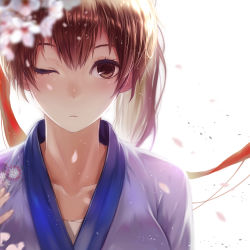 Rule 34 | 10s, 1girl, blurry, blush, brown eyes, brown hair, cherry blossoms, collarbone, depth of field, flower, kaga (kancolle), kantai collection, one eye closed, overexposure, personification, petals, sa (h28085), short hair, side ponytail, solo, upper body, white background, wink