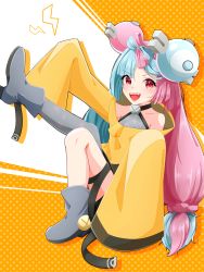Rule 34 | 1girl, :d, absurdres, boots, character hair ornament, commentary request, creatures (company), eyelashes, from side, full body, game freak, grey footwear, grey pantyhose, grey shirt, hair ornament, highres, iono (pokemon), jacket, long hair, looking at viewer, multicolored hair, nagi clip, nintendo, open mouth, pantyhose, pink hair, pokemon, pokemon sv, red eyes, sharp teeth, shirt, single leg pantyhose, sleeveless, sleeveless shirt, sleeves past fingers, sleeves past wrists, smile, solo, teeth, thigh strap, two-tone hair, upper teeth only, yellow jacket