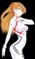 Rule 34 | 1girl, absurdres, artist request, ass, black background, blue eyes, bodysuit, breasts, brown hair, cowboy shot, evangelion: 3.0+1.0 thrice upon a time, expressionless, glowing, hair between eyes, highres, interface headset, long hair, looking at viewer, neon genesis evangelion, pilot suit, plugsuit, rebuild of evangelion, shiny clothes, skin tight, solo, souryuu asuka langley, two side up, very long hair, white bodysuit, wide hips