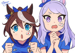 Rule 34 | 2022 fifa world cup, 2girls, absurdres, artist name, blue shirt, blush, bow, bright pupils, brown hair, clenched hands, ear bow, hair between eyes, highres, long hair, looking at viewer, mejiro mcqueen (umamusume), multicolored hair, multiple girls, open mouth, own hands together, ponytail, purple eyes, purple hair, shirt, short sleeves, simple background, sticker on face, streaked hair, tokai teio (umamusume), umamusume, upper body, v-shaped eyebrows, white background, white pupils, world cup, zetsuyo chimayo