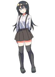 Rule 34 | 1girl, absurdres, adapted costume, asashio (kancolle), black hair, black thighhighs, collared shirt, dress shirt, full body, grey eyes, grey skirt, highres, kantai collection, long hair, one-hour drawing challenge, pleated skirt, robinson (day l full), shirt, simple background, skirt, solo, suspender skirt, suspenders, thighhighs, white background, white shirt