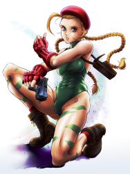 Rule 34 | 1girl, abs, ahoge, beret, blonde hair, blue eyes, bodypaint, boots, braid, breasts, cammy white, camouflage, combat boots, commentary request, fingerless gloves, gloves, green leotard, gun, handgun, hat, highleg, highleg leotard, highres, holster, huge ahoge, leotard, lips, long hair, medium breasts, nose, on one knee, partial commentary, pistol, shoulder holster, solo, street fighter, street fighter ii (series), tamanegiinyo, toned, twin braids, weapon