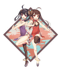 Rule 34 | 2girls, :d, ahoge, asymmetrical legwear, azur lane, black hair, black legwear, breasts, brown hair, chi yei, china dress, chinese clothes, cleavage, cleavage cutout, clothing cutout, commentary request, detached collar, dress, full body, hairband, long hair, looking at viewer, multiple girls, ning hai (azur lane), open mouth, panties, ping hai (azur lane), red eyes, side-tie panties, small breasts, smile, standing, standing on one leg, thighhighs, twintails, underwear, uneven legwear