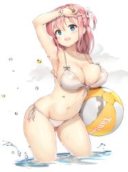 Rule 34 | 1girl, :d, arm up, armpits, aymusk, ball, bare arms, bare shoulders, beachball, bikini, blue eyes, blush, breasts, cleavage, collarbone, commentary request, covered erect nipples, flower, flower bracelet, front-tie bikini top, front-tie top, gluteal fold, groin, hair flower, hair ornament, highres, holding, large breasts, long hair, looking at viewer, navel, one side up, open mouth, original, pink hair, side-tie bikini bottom, sidelocks, smile, solo, string bikini, swimsuit, wading, water, wet, white bikini, white flower
