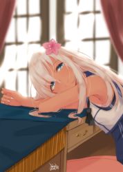 Rule 34 | 1girl, alakoala, black neckerchief, blonde hair, blue eyes, blue one-piece swimsuit, blue sailor collar, commentary request, cowboy shot, crop top, desk, flower, hair flower, hair ornament, highres, kantai collection, long hair, looking at viewer, neckerchief, one-piece swimsuit, one-piece tan, ro-500 (kancolle), sailor collar, school swimsuit, sitting, sleeveless, solo, swimsuit, swimsuit under clothes, tan, tanline, window