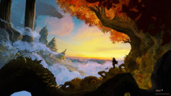 Rule 34 | 1other, anato finnstark, commentary, dragon, english commentary, fantasy, from behind, giant, giant monster, highres, le royaume d&#039;istyald, negative space, outdoors, sky, standing, sunrise, sword, tree, weapon, weapon on back, wide shot, yellow sky