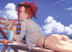 Rule 34 | 1girl, ass, bikini, bikini under clothes, bird, black bikini, blouse, blue sky, blush, breasts, brown hair, chair, cocktail glass, cocktail umbrella, commentary request, contrail, cup, day, deck chair, drinking glass, drinking straw, eyewear on head, food, from side, fruit, glass, honkai (series), honkai impact 3rd, lemon, lemon slice, lime (fruit), lime slice, looking at viewer, looking back, lounge chair, lying, medium breasts, murata himeko, nail polish, ocean, on stomach, open clothes, open shirt, orange (fruit), orange slice, parted lips, red hair, red nails, sandals, see-through, shirt, side-tie bikini bottom, sky, solo, string bikini, sunglasses, sweatdrop, swimsuit, table, thong bikini, upper body, white shirt