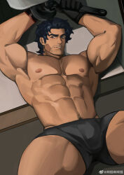Rule 34 | 1boy, abs, absurdres, akunaakun (kunkun586586), armpits, bandaid, bandaid on cheek, bandaid on face, bara, biceps, black hair, black male underwear, blue hair, boxer briefs, bulge, check copyright, copyright request, dark-skinned male, dark blue hair, dark skin, facial hair, goatee, highres, holding, holding wrench, large pectorals, long sideburns, looking at viewer, lying, male focus, male underwear, mature male, mechanic, muscular, muscular male, mustache, navel hair, nipples, on back, original, pectorals, seductive smile, short hair, sideburns, smile, solo, spread legs, stomach, stubble, thick eyebrows, topless male, underwear, wrench