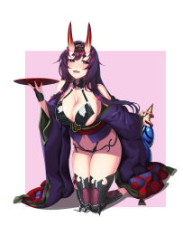 Rule 34 | 1girl, absurdres, bare shoulders, breasts, cosplay, cup, fate/grand order, fate (series), headpiece, hiememiko, highres, horns, japanese clothes, kimono, large breasts, long hair, off shoulder, open clothes, open kimono, open mouth, purple eyes, purple hair, purple kimono, revealing clothes, sakazuki, shuten douji (fate), shuten douji (fate) (cosplay), skin-covered horns