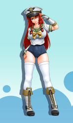 Rule 34 | 1girl, blue eyes, boots, braid, cross-laced footwear, daina rukawa, female focus, fingerless gloves, gloves, hat, highres, hong meiling, long hair, military hat, no pants, one-piece swimsuit, one eye closed, red hair, salute, school swimsuit, see-through, solo, swimsuit, swimsuit under clothes, thighhighs, touhou, twin braids, white thighhighs, wink