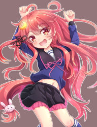 Rule 34 | 1girl, :d, arms up, black ribbon, black skirt, blue shirt, blue socks, blush, brown background, commentary request, crescent, crescent hair ornament, fang, frilled skirt, frills, hair between eyes, hair ornament, hair ribbon, head tilt, kantai collection, kneehighs, long hair, long sleeves, looking at viewer, navel, neck ribbon, open mouth, pink ribbon, pleated skirt, rabbit hair ornament, red eyes, red hair, ribbon, shirt, sills, simple background, skirt, smile, socks, solo, uzuki (kancolle), very long hair