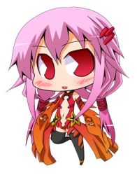 Rule 34 | 10s, 1girl, bare shoulders, black thighhighs, blush, center opening, chibi, detached sleeves, elbow gloves, fingerless gloves, gloves, guilty crown, hair ornament, long hair, looking at viewer, lowres, navel, pac-man eyes, pink hair, red eyes, smile, solo, suntail, thighhighs, transparent background, twintails, yuzuriha inori