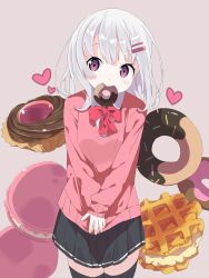 Rule 34 | 1girl, black skirt, black thighhighs, blush, bow, brown background, collared shirt, commentary request, doughnut, food, food in mouth, grey hair, hair ornament, hairclip, heart, highres, long sleeves, looking at viewer, macaron, mouth hold, original, own hands together, pink sweater, pleated skirt, red bow, red eyes, shirt, skirt, sleeves past wrists, smile, solo, sweater, tantan men (dragon), thighhighs, white shirt