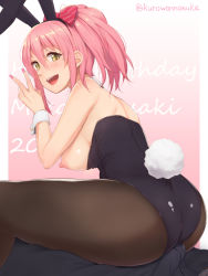 Rule 34 | 10s, 1girl, animal ears, ass, back, backless outfit, bare shoulders, blush, bow, breasts, breasts out, fake animal ears, fingernails, from behind, hair bow, happy birthday, idolmaster, idolmaster cinderella girls, jougasaki mika, kurowannosuke, large breasts, leotard, long fingernails, looking at viewer, nail polish, open mouth, pantyhose, pink hose, playboy bunny, ponytail, rabbit ears, rabbit tail, sharp fingernails, shiny clothes, shiny skin, sideboob, smile, solo, tail, tongue, wrist cuffs, yellow eyes