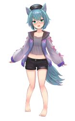 Rule 34 | 1girl, :d, absurdres, animal ear fluff, animal ears, aqua hair, barefoot, black hat, black shorts, crop top, enumiyaa, fox ears, fox girl, fox tail, full body, glasses, green eyes, grey shirt, hat, highres, jacket, long sleeves, looking at viewer, midriff, navel, open clothes, open jacket, open mouth, peaked cap, pink-framed eyewear, see-through, semi-rimless eyewear, shirt, short hair, short shorts, shorts, simple background, smile, solo, tail, thighs, under-rim eyewear, vrchat, white background, yuyake hino