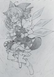 Rule 34 | 1girl, absurdres, ahoge, bloomers, bow, carbohydrate (asta4282), cirno, commentary request, detached wings, dress, fang, full body, greyscale with colored background, hair bow, highres, ice, ice wings, looking at viewer, monochrome, open mouth, short hair, short sleeves, sketch, skin fang, socks, solo, touhou, traditional media, underwear, wings