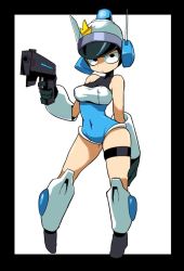 Rule 34 | 1girl, black gloves, blue eyes, blue leotard, breasts, closed mouth, covered erect nipples, covered navel, gloves, gun, helmet, kotoyama, leotard, looking at viewer, mighty (series), mighty switch force!, patricia wagon, solo, thighhighs, weapon