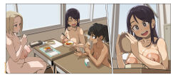 3girls artist_name bento black_hair blonde_hair blush breasts casual_nudity chopsticks classroom closed_mouth commentary_request commission completely_nude dark-skinned_female dark_skin desk eating fang food geso_smith highres holding holding_chopsticks holding_food large_areolae large_breasts long_hair medium_hair mole mole_on_breast multiple_girls nipples nude open_mouth original school_desk short_hair sitting skeb_commission smile twitter_username window zenra