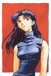 Rule 34 | 1girl, absurdres, alternate eye color, arms at sides, bare arms, bare shoulders, blue dress, blue eyes, border, breasts, cleaned, closed mouth, dress, earrings, expressionless, floating hair, highres, jewelry, katsuragi misato, lips, long hair, looking up, medium breasts, neck, neon genesis evangelion, outside border, parted bangs, purple hair, red background, red lips, sadamoto yoshiyuki, scan, sleeveless, sleeveless dress, sleeveless turtleneck, solo, straight hair, stud earrings, turtleneck, turtleneck dress, v-neck, white border, wind, wind lift