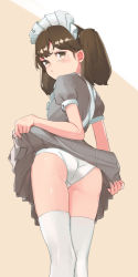 Rule 34 | 1girl, absurdres, alternate costume, apron, ass, brown background, brown eyes, brown hair, co botan, cowboy shot, dress, dress shirt, enmaided, frilled apron, frills, from behind, grey dress, highres, kantai collection, long hair, looking at viewer, maid, maid headdress, panties, ryuujou (kancolle), shirt, solo, standing, thighhighs, twintails, underwear, white apron, white panties, white thighhighs