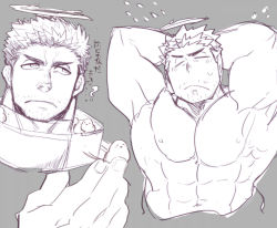 Rule 34 | 1boy, ?, abs, animal, animal on hand, animal on shoulder, arms behind head, bad id, bad pixiv id, bara, bird, blush, chick, collage, cropped torso, facial hair, fire, flaming halo, halo, male focus, mature male, muscular, muscular male, navel, nude, pectorals, po fu, short hair, sideburns, sketch, stomach, stubble, tokyo houkago summoners, translation request, zabaniyya (housamo)