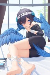 Rule 34 | 1girl, ahoge, bandaged arm, bandaged head, bandages, barefoot, bike shorts, black hair, blue eyes, blue flower, book, commission, day, eyes visible through hair, feathered wings, flower, frown, hair flower, hair ornament, head wings, highres, indoors, looking at viewer, lying, medium hair, on side, open mouth, original, pixiv commission, shirt, tail, tenroy, thighs, wings