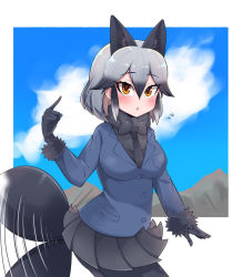 Rule 34 | 1girl, alternate hair length, alternate hairstyle, animal ear fluff, animal ears, aramaru, black bow, black gloves, black hair, black neckwear, black pantyhose, black skirt, blue jacket, blush, bow, bowtie, chestnut mouth, cloud, commentary request, extra ears, fox ears, fox tail, fur-trimmed sleeves, fur trim, gloves, gradient hair, grey hair, hair between eyes, jacket, kemono friends, long sleeves, looking at viewer, motion lines, multicolored hair, necktie, orange eyes, pantyhose, pleated skirt, pointing, pointing at self, short hair, silver fox (kemono friends), skirt, solo, tail, tail wagging