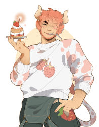 Rule 34 | 1boy, alternate costume, animal ears, animal print, arm hair, bara, beard, bell, belt collar, blush, collar, cow boy, cow ears, cow horns, cow print, cow tail, cowbell, closed eyes, facial hair, feet out of frame, food, food print, fruit, hair over one eye, holding, holding plate, hood, hooded jacket, horns, jacket, looking at viewer, male focus, mature male, moosopp, mouth hold, nail polish, original, pelvic curtain, pink hair, plate, print sweater, sal (moosopp), short hair, smile, solo, sparkle, spoon, strawberry, strawberry print, sweater, tail, thick eyebrows, tongue, tongue out