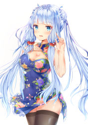 Rule 34 | 1girl, :d, azur lane, bare arms, bare shoulders, black thighhighs, blue dress, blue eyes, blunt bangs, blush, breasts, brown thighhighs, chahei, china dress, chinese clothes, cleavage, cleavage cutout, clothing cutout, covered erect nipples, cowboy shot, double bun, dress, floral print, frilled dress, frills, hair bun, hair ornament, hair scrunchie, hand on own chest, hands up, highres, illustrious (azur lane), index finger raised, long hair, looking at viewer, low-tied long hair, medium breasts, mole, mole under eye, open mouth, scrunchie, short dress, side slit, sidelocks, silver hair, simple background, sleeveless, sleeveless dress, smile, solo, thighhighs, twintails, very long hair, white background