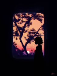 1girl arms_at_sides facing_ahead from_side highres huashijw indoors motion_blur orange_sky original profile short_hair signature silhouette simple_bird sky solo standing sunset tree window